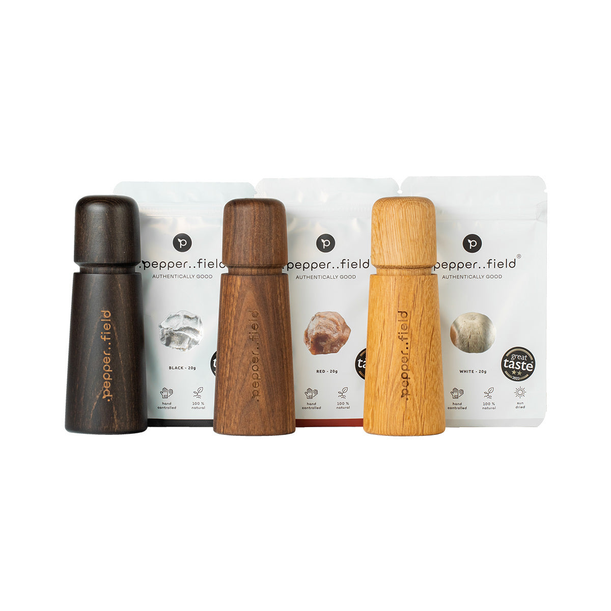 Set of Scandinavian pepper mills (17 cm) + pepper starter pack (3× 20 g)