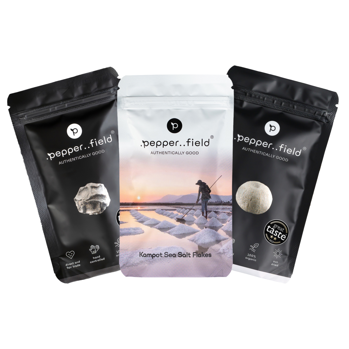 2+1: black and white Kampot  pepper, salt pyramids (Salt Flakes) 