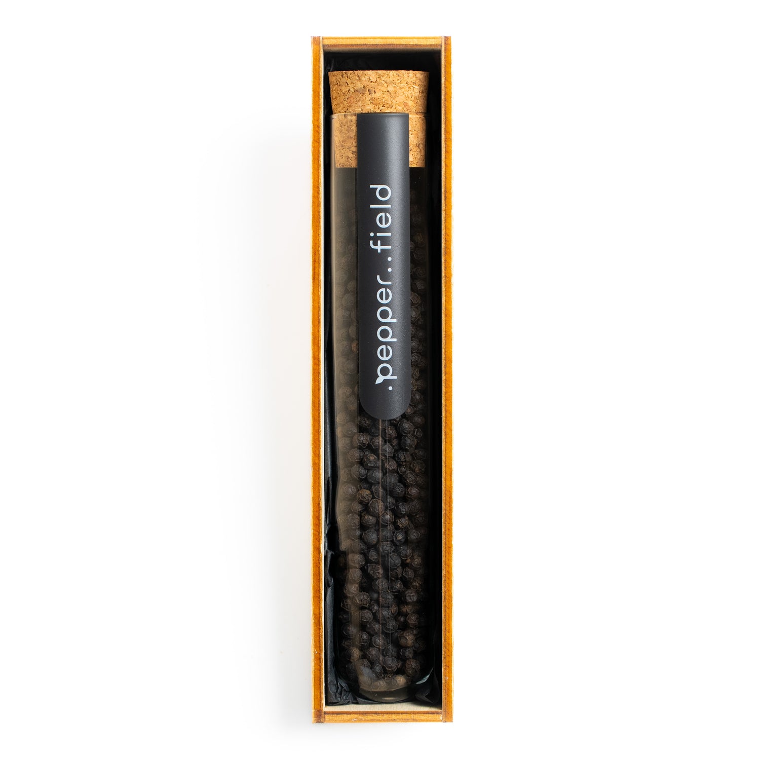 Large test tube with black Kampot pepper in a gift box 