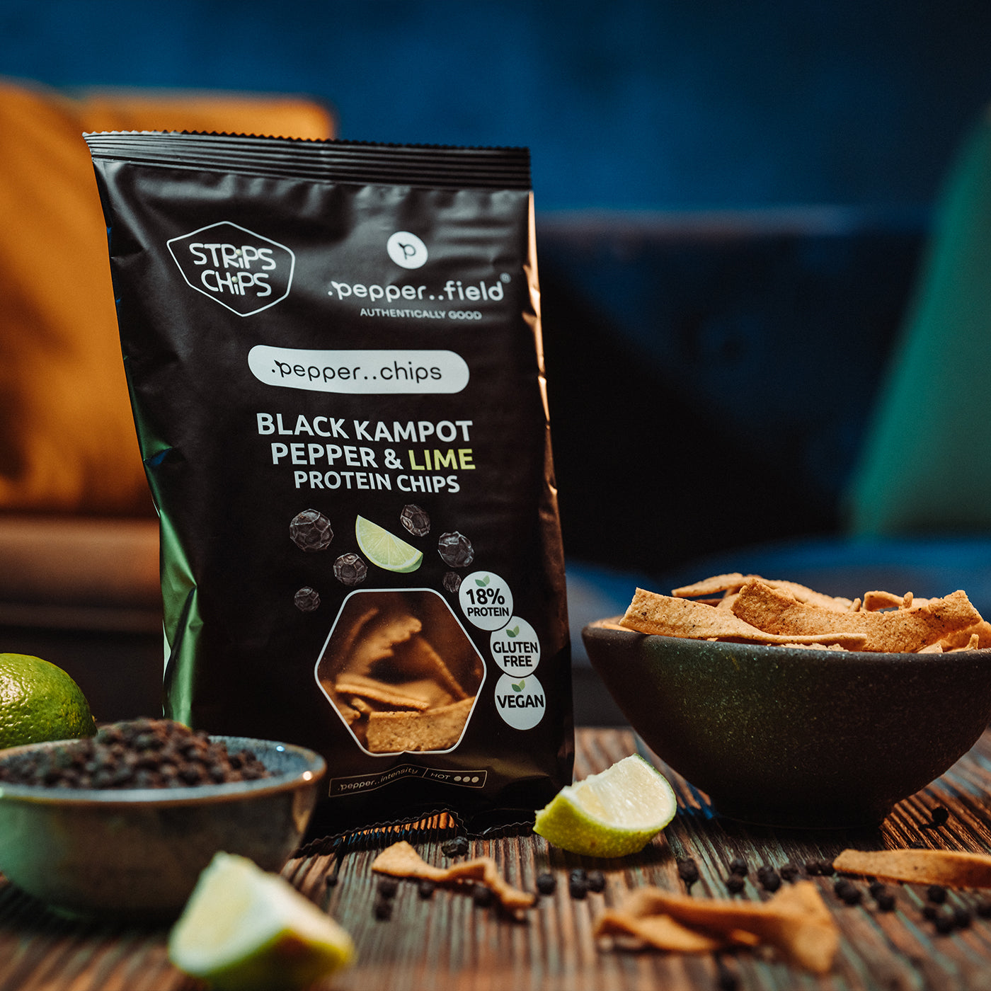 Protein chips with black Kampot pepper and lime 