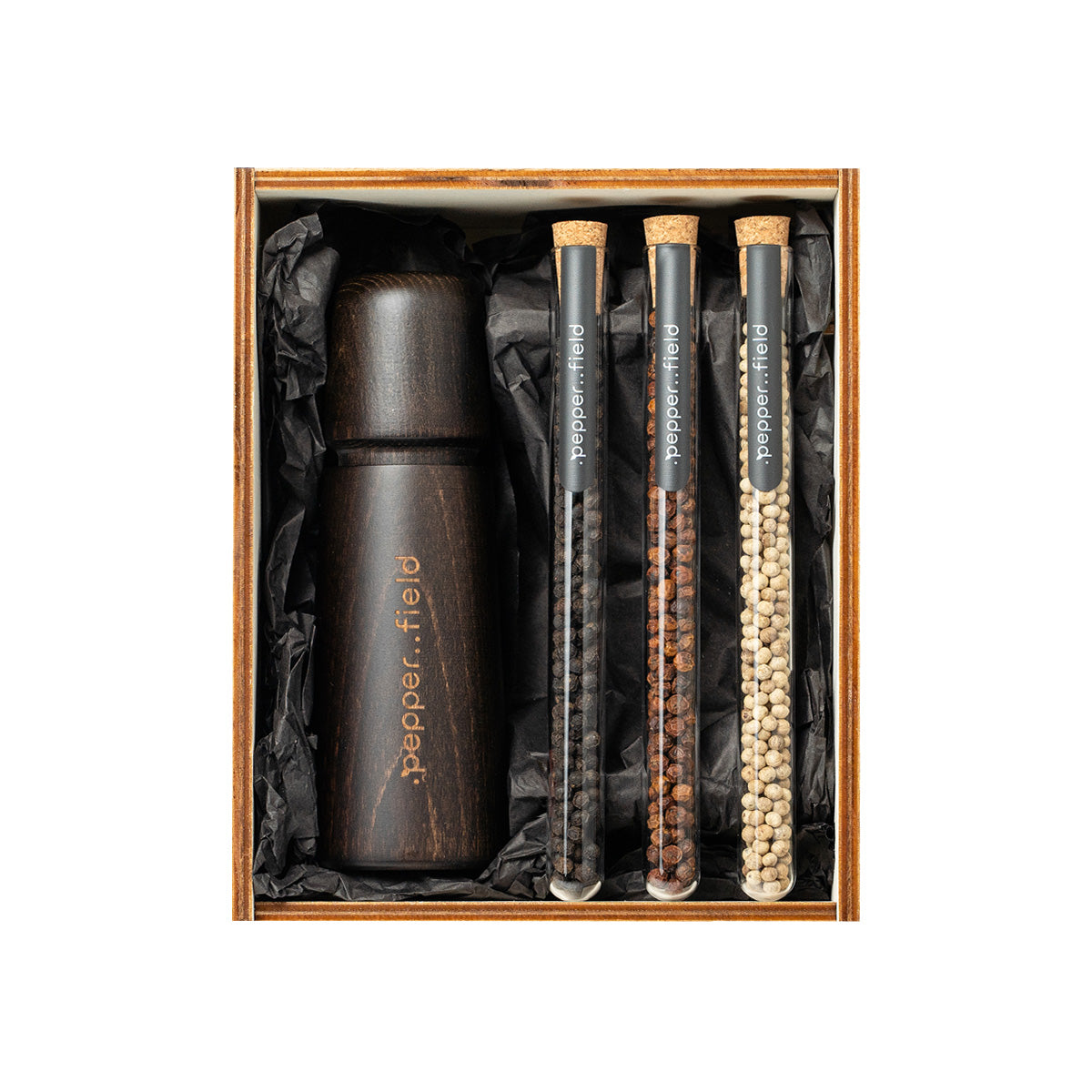 Scandinavian grinder with a set of vials with Kampot pepper in a wooden gift box (3x12g)