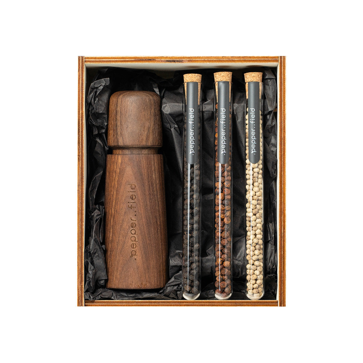 Macinino scandinavo con set di provette con pepe Kampot in confezione regalo in legno (3x10g)
