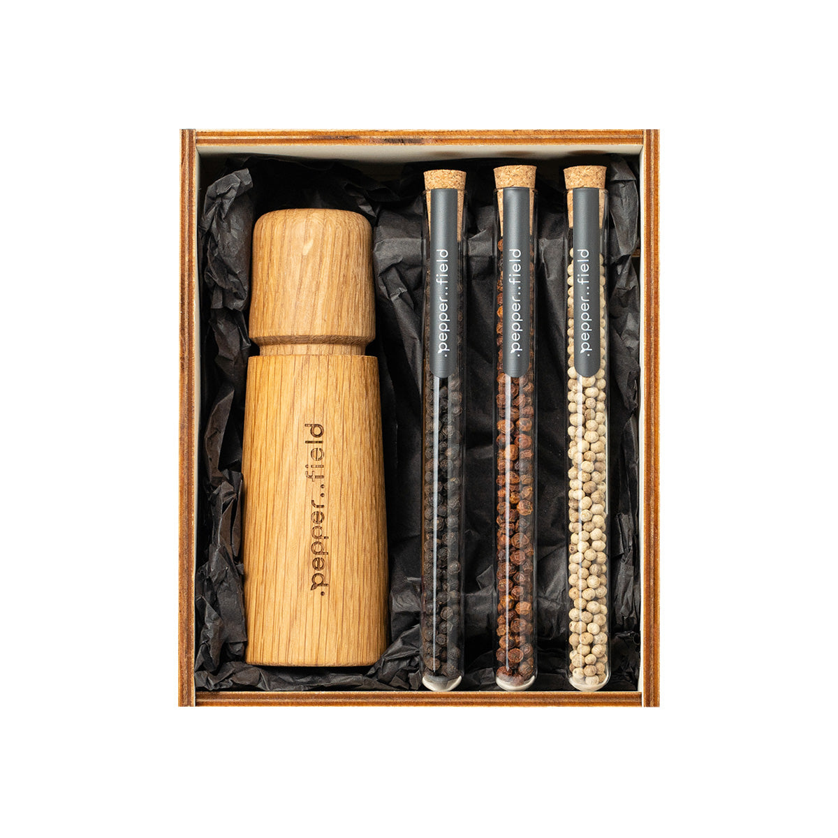 Scandinavian grinder with a set of vials with Kampot pepper in a wooden gift box (3x12g)